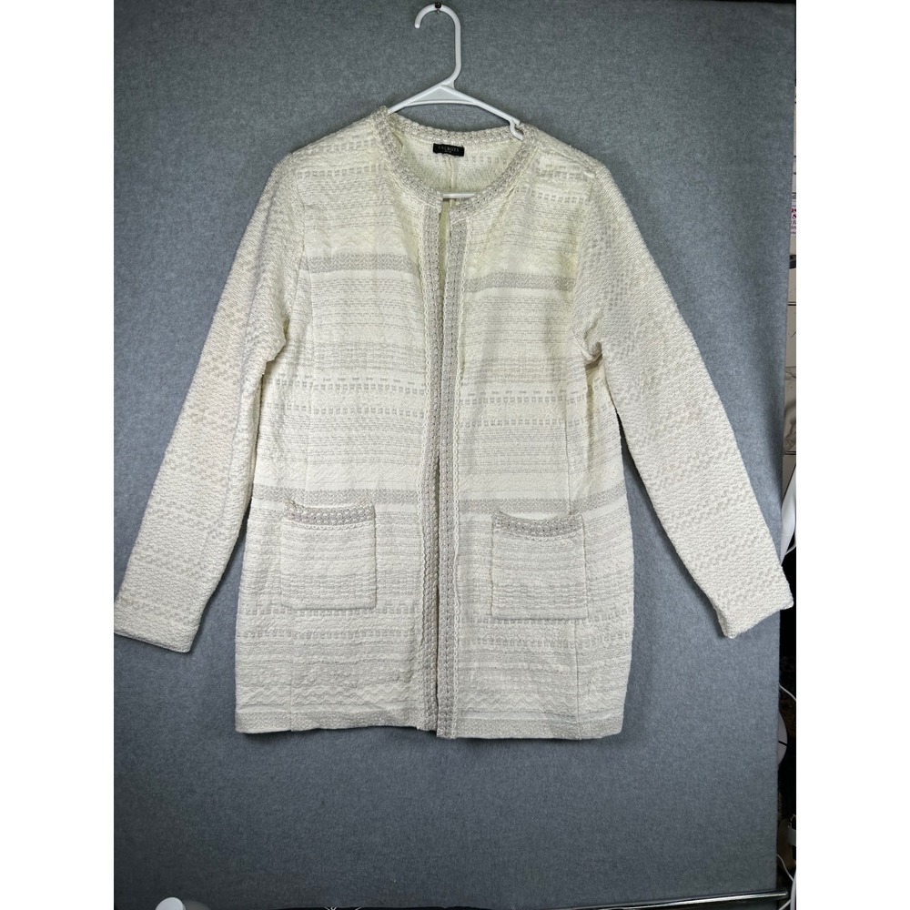 Talbots Petites Open Front Cardigan Jacket M PM Cream Silver Metallic Knit Long